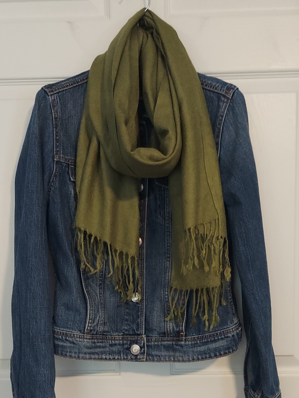 Cashmere Wool Silk Scarf Olive Green Fringe Luxury Blend